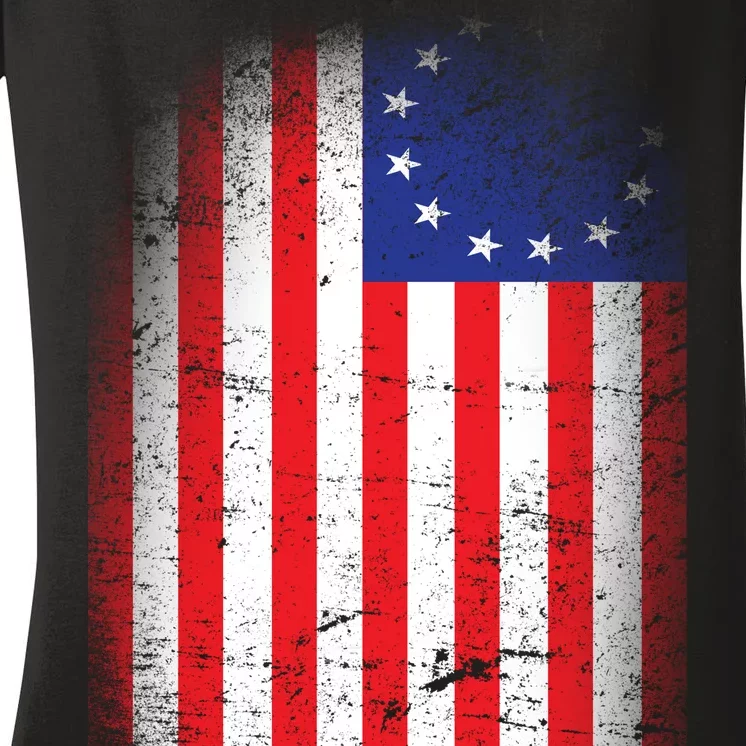 Distressed 13 Colonies Betsy Ross First American Flag Women's V-Neck T-Shirt