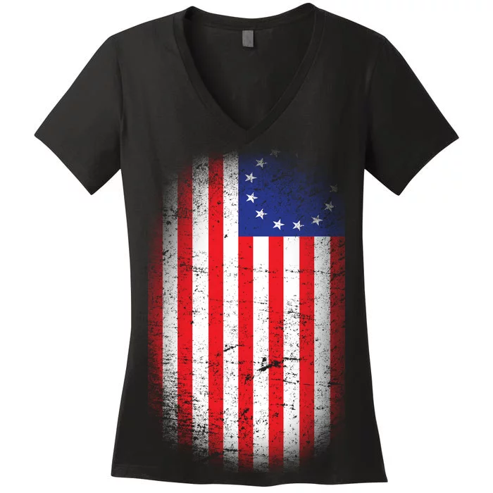 Distressed 13 Colonies Betsy Ross First American Flag Women's V-Neck T-Shirt