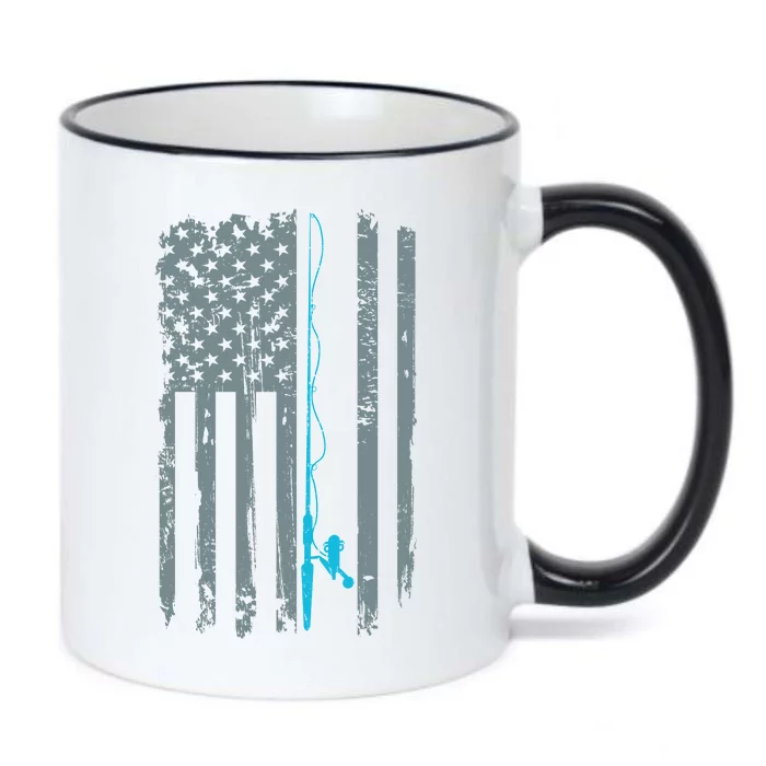 Distressed American Flag Fishing Pole Black Color Changing Mug