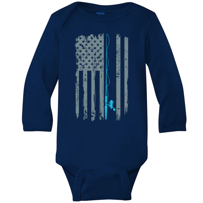 Distressed American Flag Fishing Pole Baby Long Sleeve Bodysuit