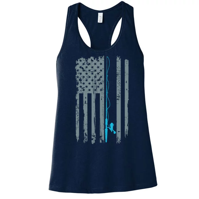 Distressed American Flag Fishing Pole Women's Racerback Tank