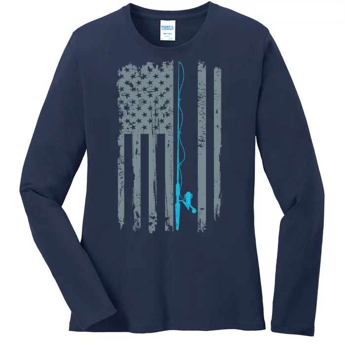 Distressed American Flag Fishing Pole Ladies Long Sleeve Shirt