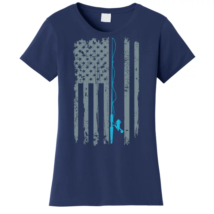 Distressed American Flag Fishing Pole Women's T-Shirt