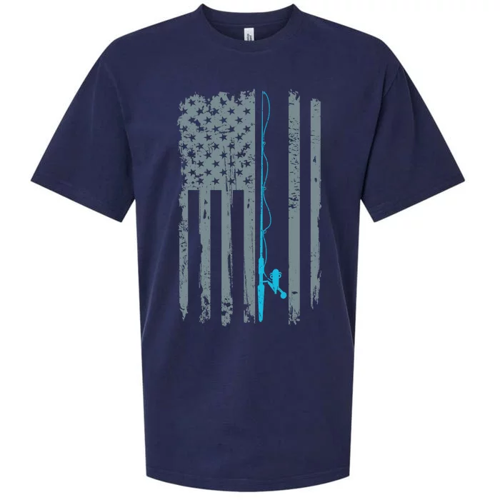 Distressed American Flag Fishing Pole Sueded Cloud Jersey T-Shirt