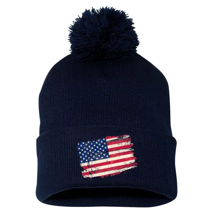 Distressed American US Flag Pom Pom 12in Knit Beanie