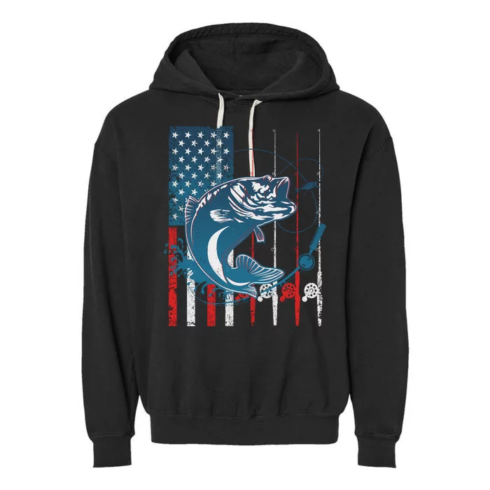 Distressed American USA Flag Bass Fishing Garment-Dyed Fleece Hoodie