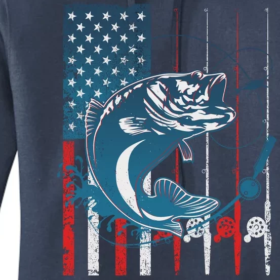 Distressed American USA Flag Bass Fishing Women's Pullover Hoodie