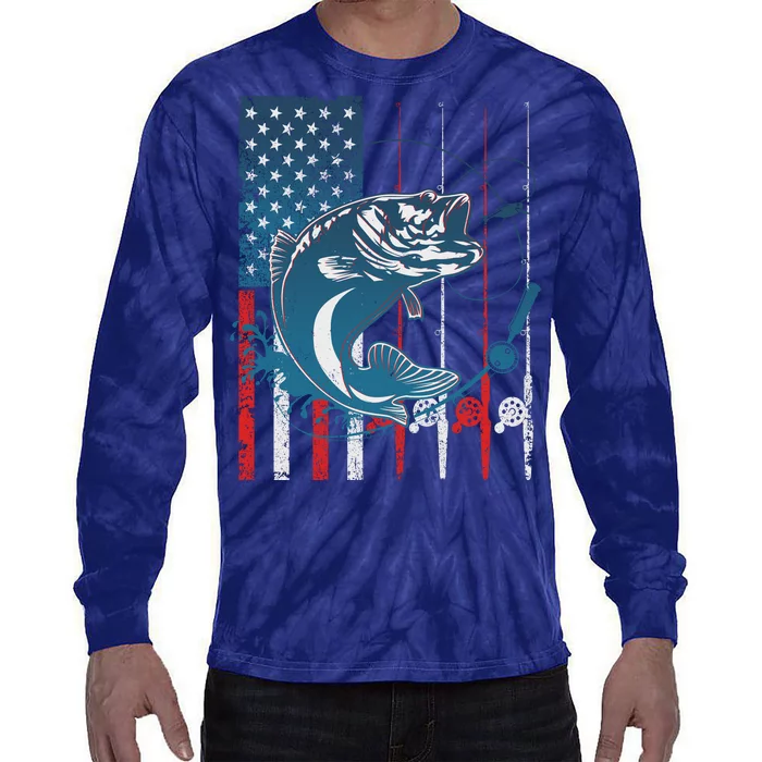 Distressed American USA Flag Bass Fishing Tie-Dye Long Sleeve Shirt