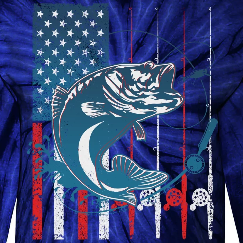 Distressed American USA Flag Bass Fishing Tie-Dye Long Sleeve Shirt