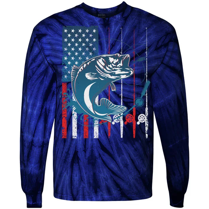 Distressed American USA Flag Bass Fishing Tie-Dye Long Sleeve Shirt