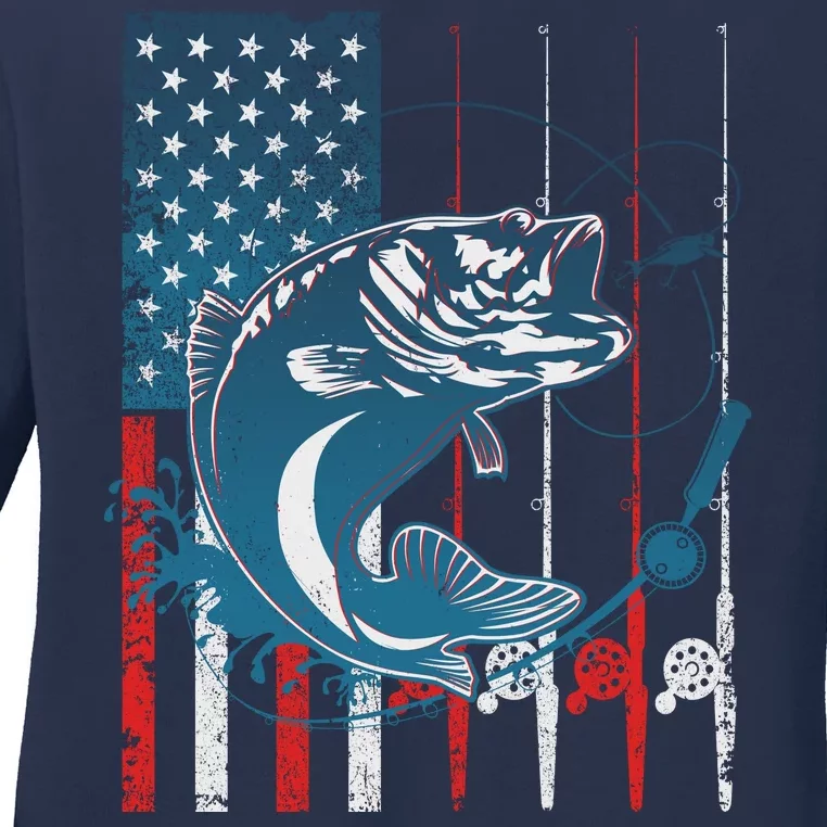 Distressed American USA Flag Bass Fishing Ladies Long Sleeve Shirt