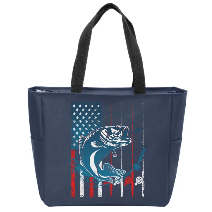 Distressed American USA Flag Bass Fishing Zip Tote Bag