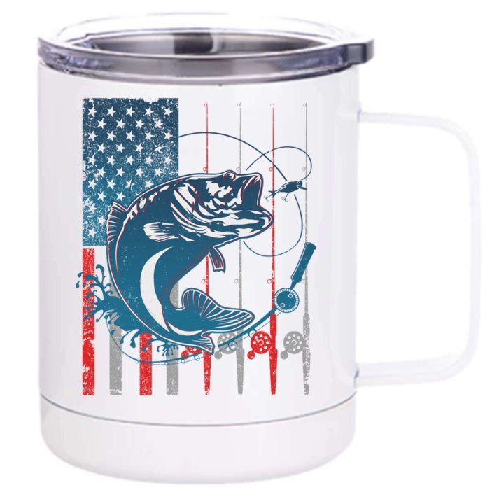 Distressed American USA Flag Bass Fishing Front & Back 12oz Stainless Steel Tumbler Cup