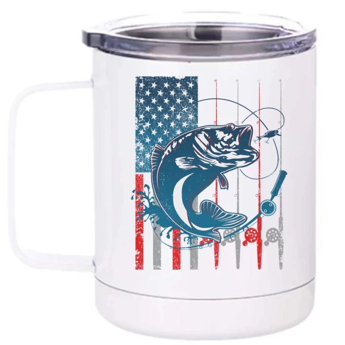 Distressed American USA Flag Bass Fishing Front & Back 12oz Stainless Steel Tumbler Cup