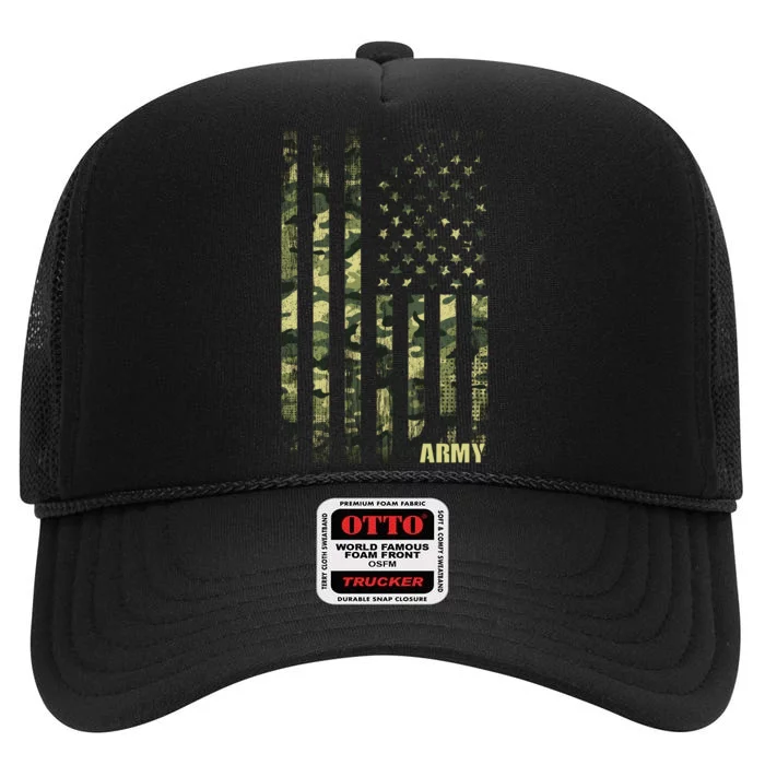 Distressed Army USA Flag High Crown Mesh Trucker Hat