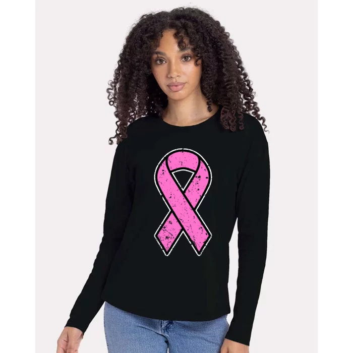 Distressed Breast Cancer Awareness Pink Ribbon Womens Cotton Relaxed Long Sleeve T-Shirt