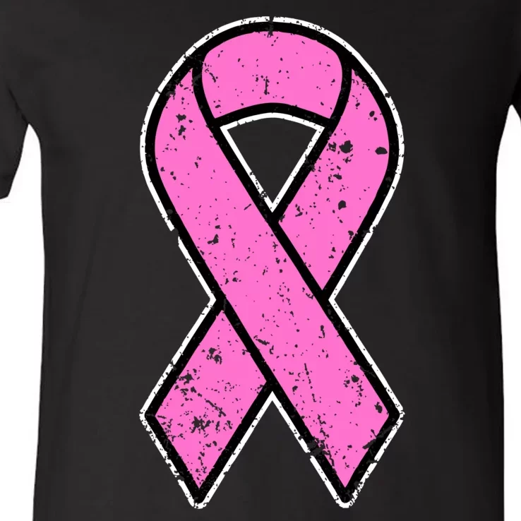 Distressed Breast Cancer Awareness Pink Ribbon V-Neck T-Shirt