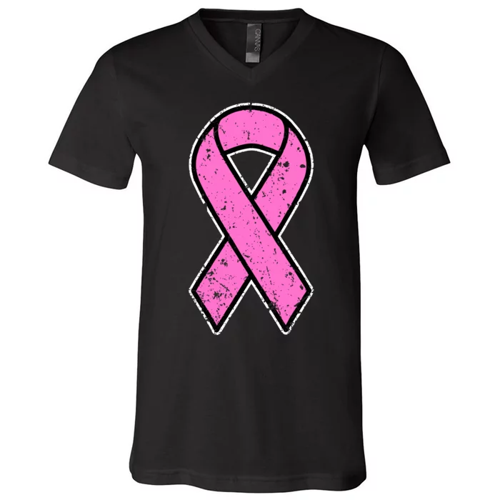 Distressed Breast Cancer Awareness Pink Ribbon V-Neck T-Shirt