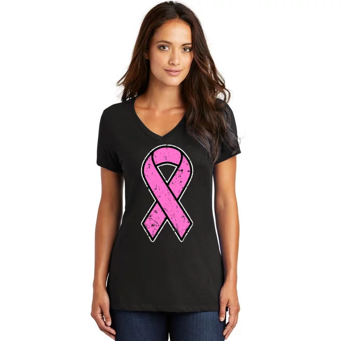 Distressed Breast Cancer Awareness Pink Ribbon Women's V-Neck T-Shirt