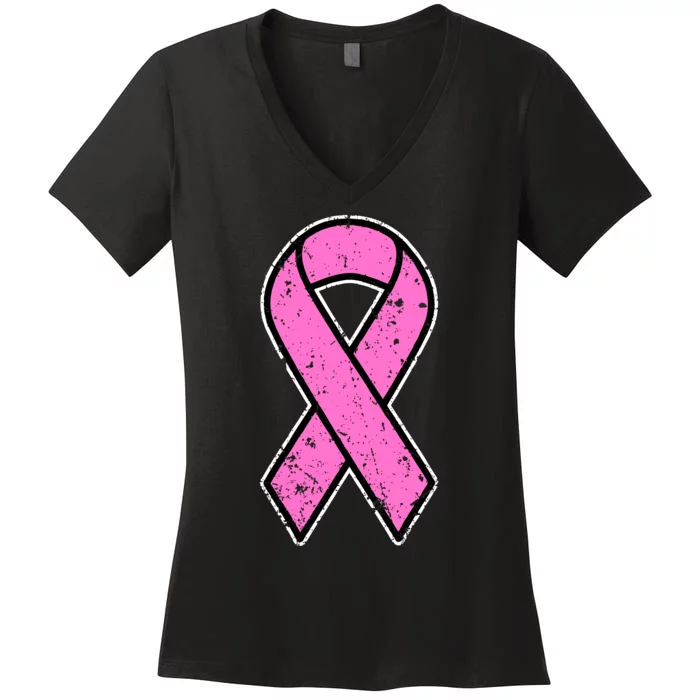 Distressed Breast Cancer Awareness Pink Ribbon Women's V-Neck T-Shirt