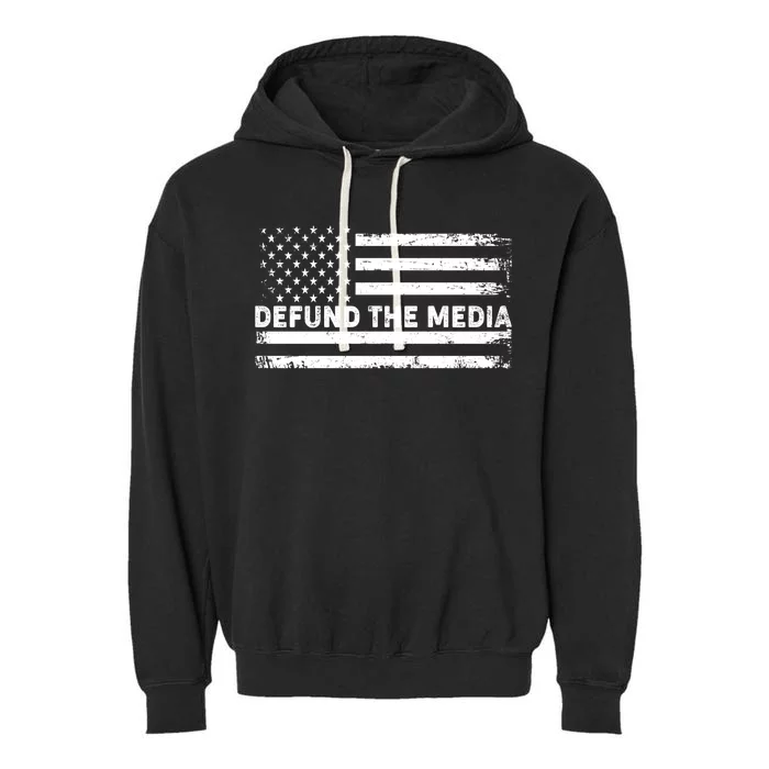 Distressed Defund The Media American Flag Garment-Dyed Fleece Hoodie