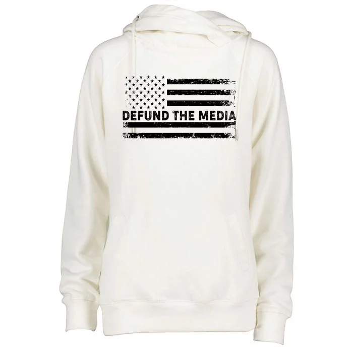 Distressed Defund The Media American Flag Womens Funnel Neck Pullover Hood