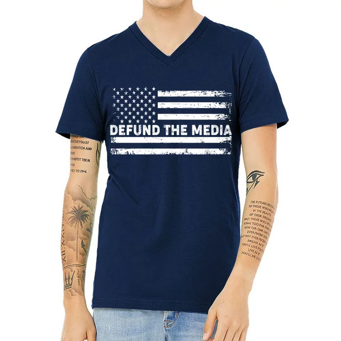 Distressed Defund The Media American Flag V-Neck T-Shirt