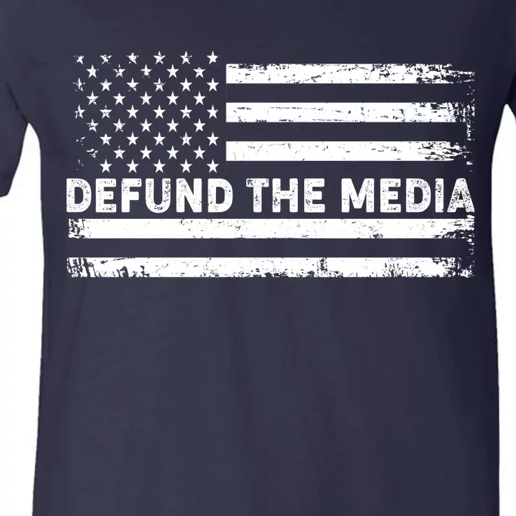 Distressed Defund The Media American Flag V-Neck T-Shirt