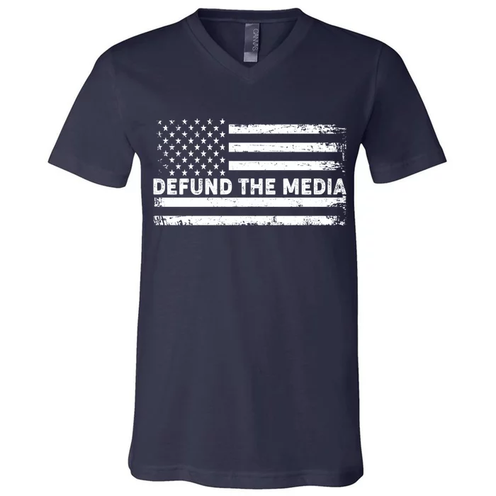 Distressed Defund The Media American Flag V-Neck T-Shirt