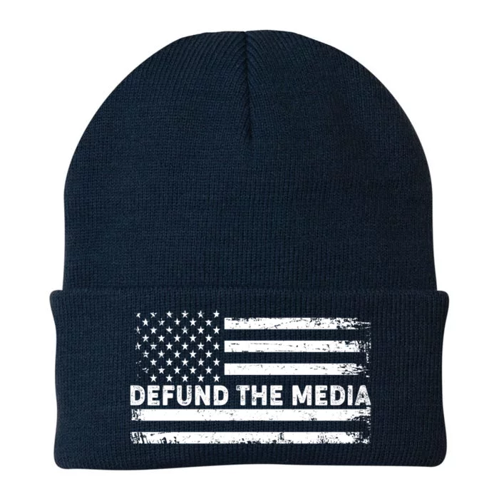 Distressed Defund The Media American Flag Knit Cap Winter Beanie