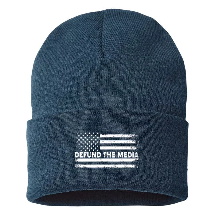 Distressed Defund The Media American Flag Sustainable Knit Beanie