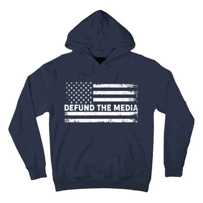 Distressed Defund The Media American Flag Tall Hoodie