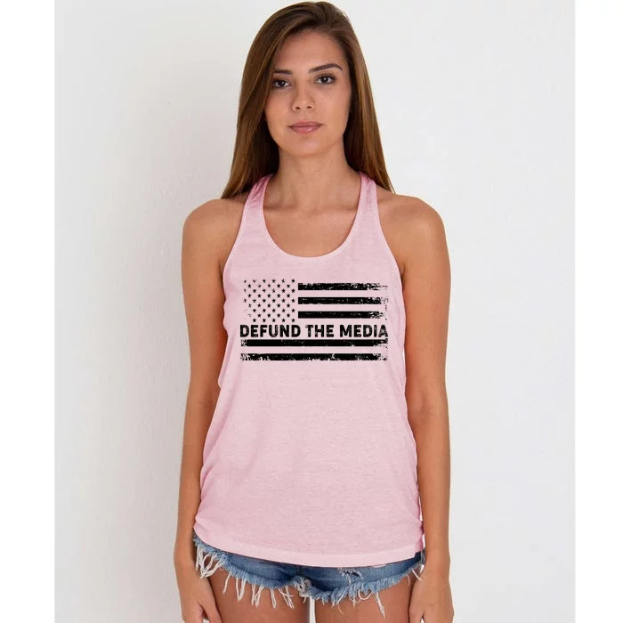 Distressed Defund The Media American Flag Women's Knotted Racerback Tank