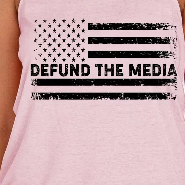 Distressed Defund The Media American Flag Women's Knotted Racerback Tank