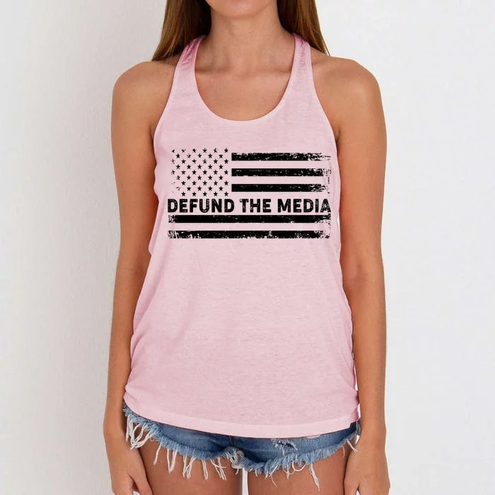 Distressed Defund The Media American Flag Women's Knotted Racerback Tank