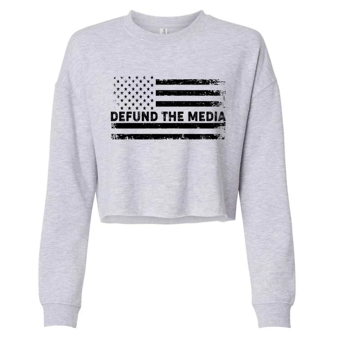 Distressed Defund The Media American Flag Cropped Pullover Crew