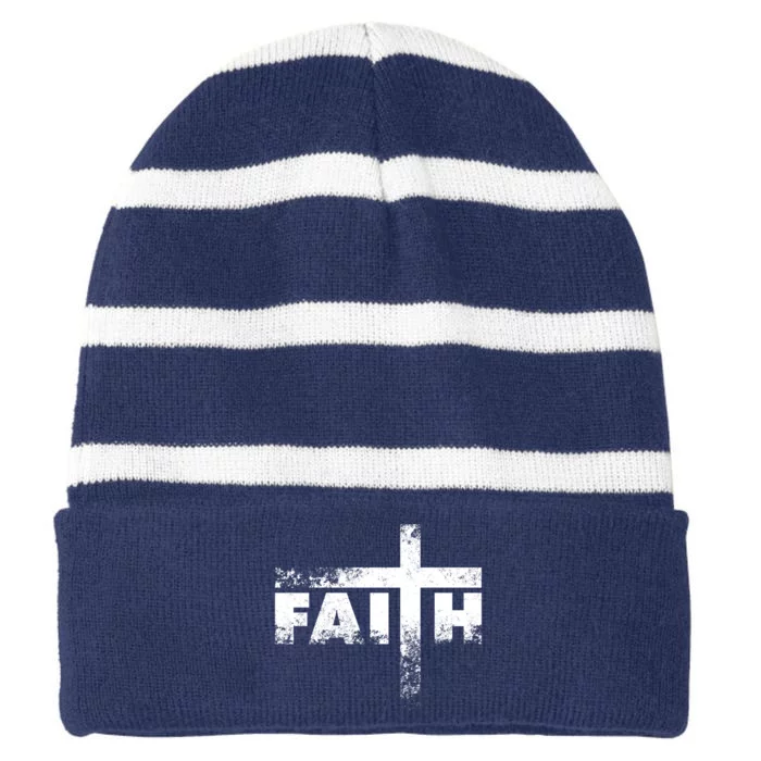 Distressed Faith Cross Striped Beanie with Solid Band