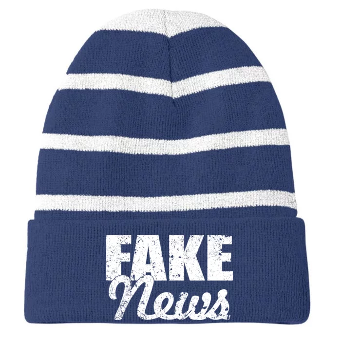 Distressed Fake News Logo Striped Beanie with Solid Band