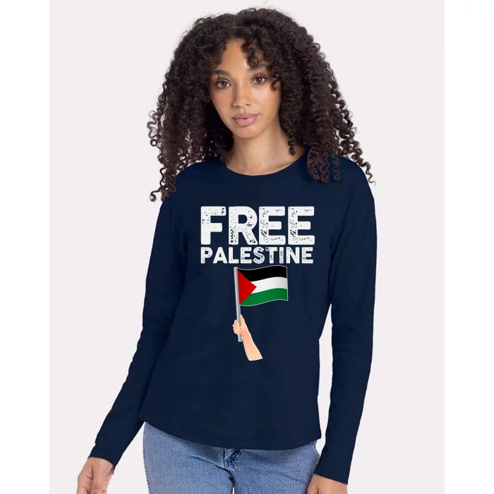 Distressed Free Palestine Waving Flag Womens Cotton Relaxed Long Sleeve T-Shirt