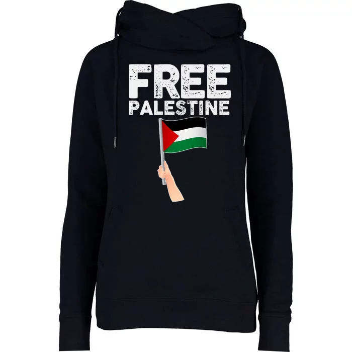 Distressed Free Palestine Waving Flag Womens Funnel Neck Pullover Hood