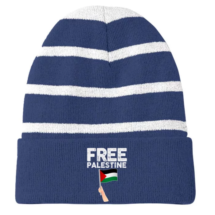 Distressed Free Palestine Waving Flag Striped Beanie with Solid Band