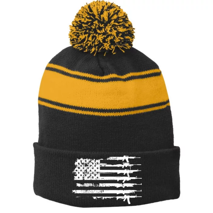 Distressed Gun Riffle US Flag Stripe Pom Pom Beanie