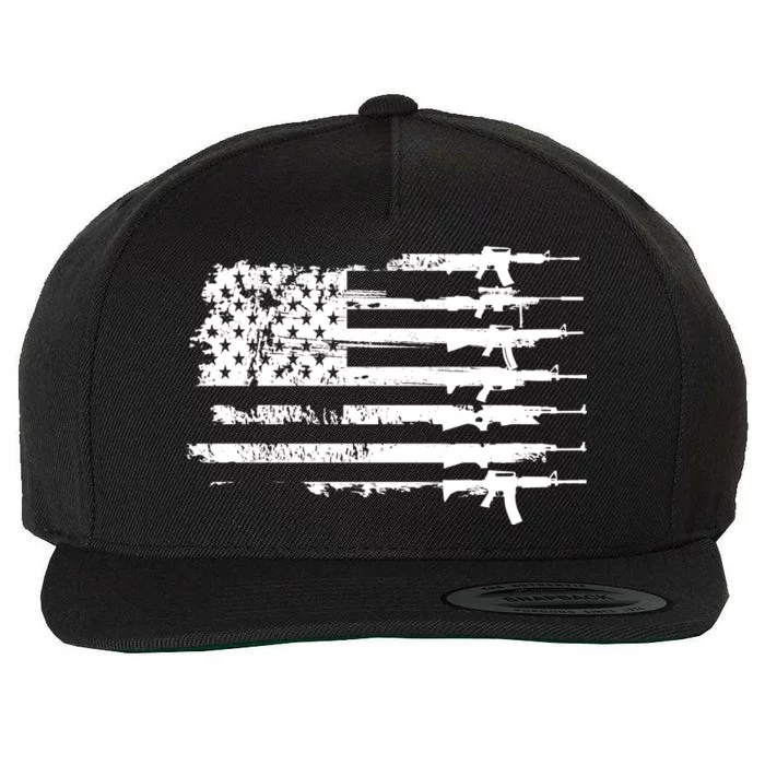 Distressed Gun Riffle US Flag Wool Snapback Cap