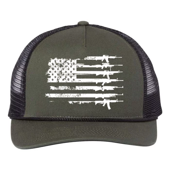 Distressed Gun Riffle US Flag Retro Rope Trucker Hat Cap