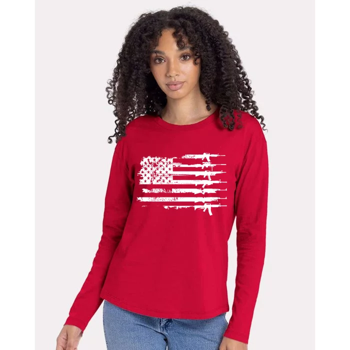 Distressed Gun Riffle US Flag Womens Cotton Relaxed Long Sleeve T-Shirt