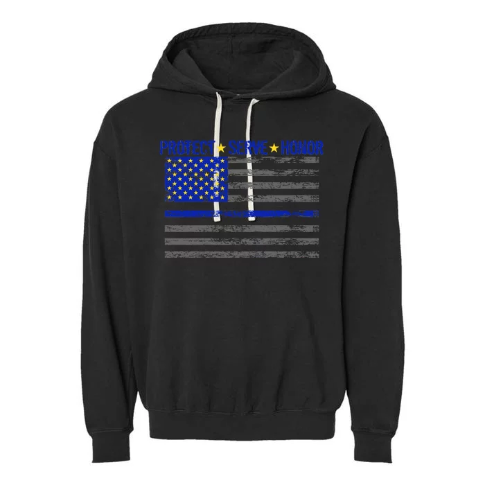 Distressed Police Blue Striped Flag Garment-Dyed Fleece Hoodie