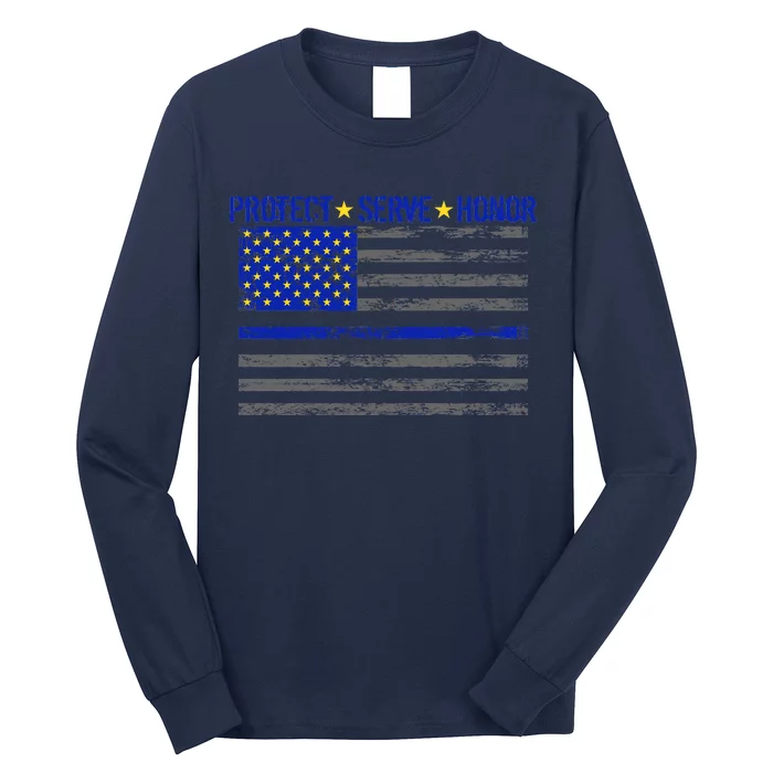 Distressed Police Blue Striped Flag Long Sleeve Shirt