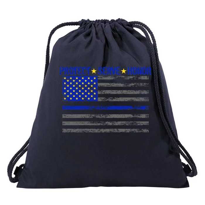 Distressed Police Blue Striped Flag Drawstring Bag