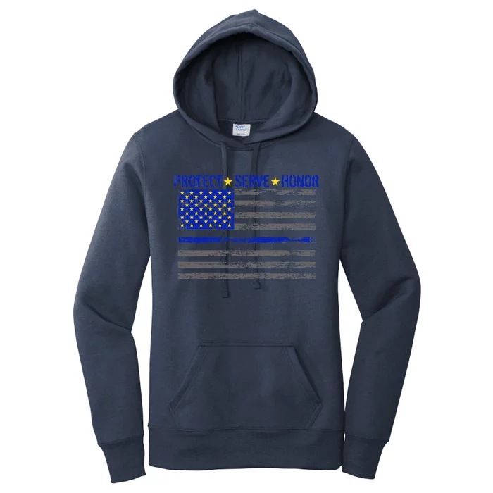 Distressed Police Blue Striped Flag Women's Pullover Hoodie