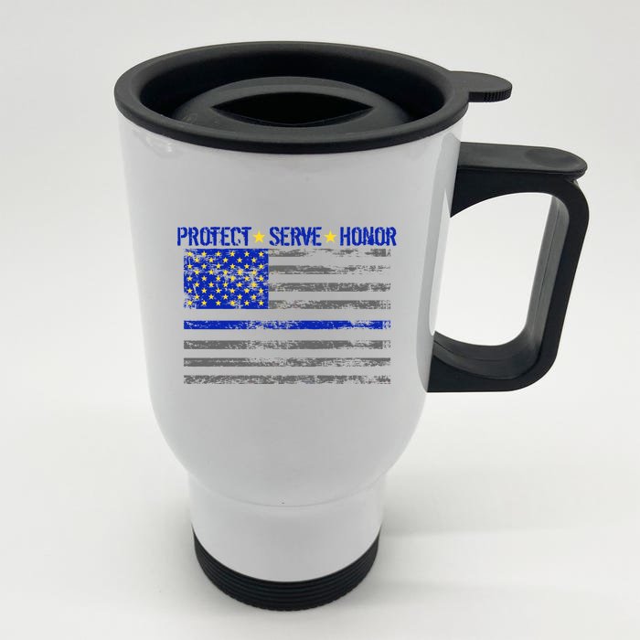 Distressed Police Blue Striped Flag Front & Back Stainless Steel Travel Mug